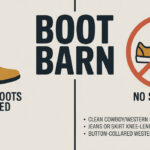 Boot Barn dress code infographic—jeans and cowboy boots required, no sneakers; clean western boots, knee-length jeans or skirt, button-collared western shirt.