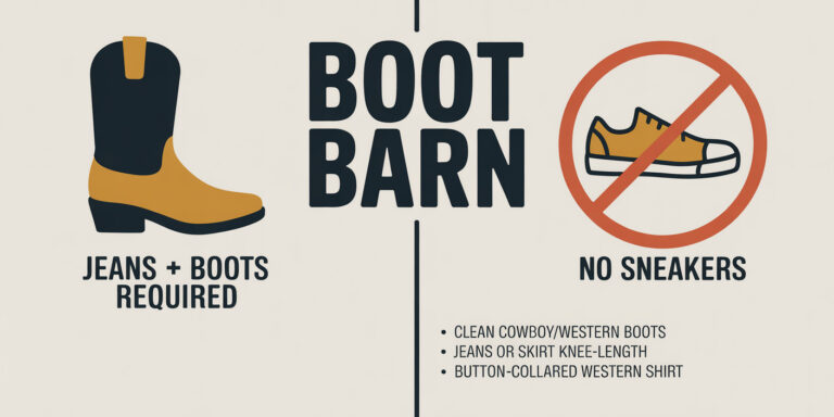 Boot Barn dress code infographic—jeans and cowboy boots required, no sneakers; clean western boots, knee-length jeans or skirt, button-collared western shirt.
