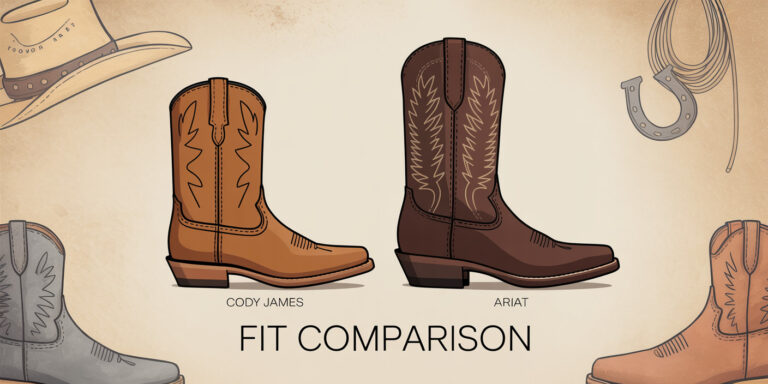 Illustration comparing Cody James and Ariat cowboy boots side by side, highlighting sizing and fit differences for a useful fit comparison guide.