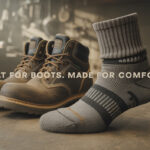 Cushioned work-boot sock with arch support in a workshop, shown beside rugged leather boots—built for all-day comfort in boots.