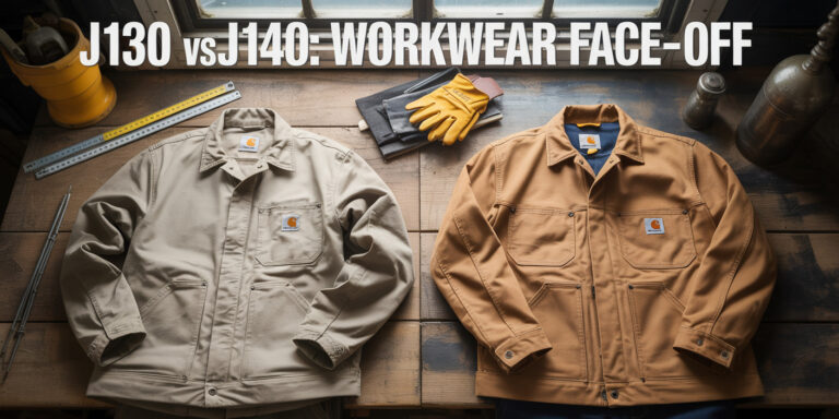 Side-by-side comparison of Carhartt J130 and J140 work jackets on a workshop table with tools and gloves—visual face-off for fit, warmth, and design.