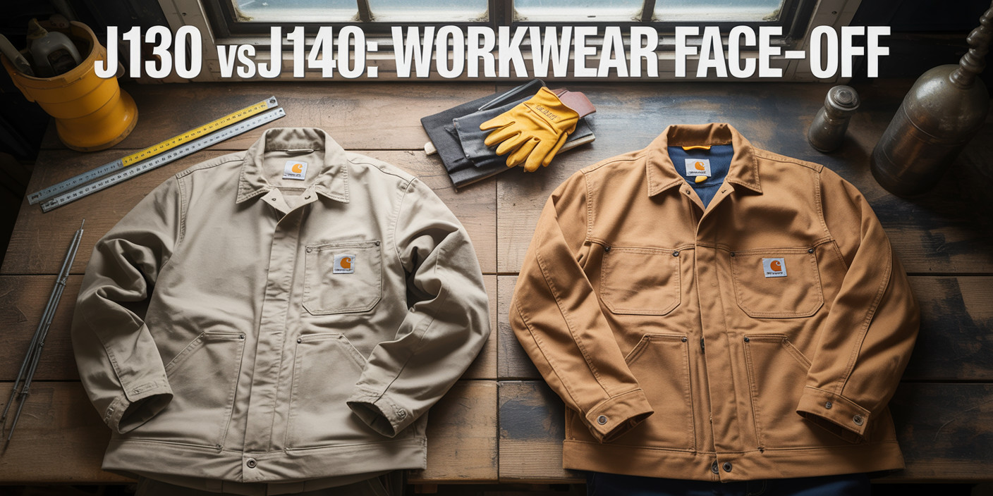 What is the difference between Carhartt J130 and J140? 1 Side-by-side comparison of Carhartt J130 and J140 work jackets on a workshop table with tools and gloves—visual face-off for fit, warmth, and design.