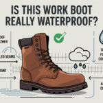 Infographic showing a brown waterproof work boot with callouts: waterproof full-grain leather, sealed seams, slip-resistant outsole, tested for wet conditions, all-day cushioning.