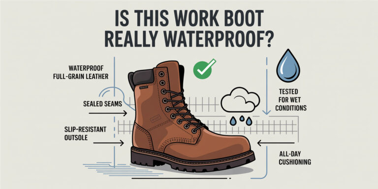 Infographic showing a brown waterproof work boot with callouts: waterproof full-grain leather, sealed seams, slip-resistant outsole, tested for wet conditions, all-day cushioning.
