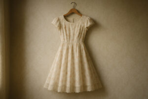 A hyper-realistic tea dress with floral pattern and lace trims on a wooden hanger, set against vintage wallpaper, showcasing classic style and elegance with subtle backlighting and soft shadows.