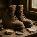 A pair of slightly worn Rocky work boots undergoing daily maintenance in a rustic workshop, with cleaning tools nearby; highlighting the leather's texture, metallic eyelets, and laces, under soft morning light.