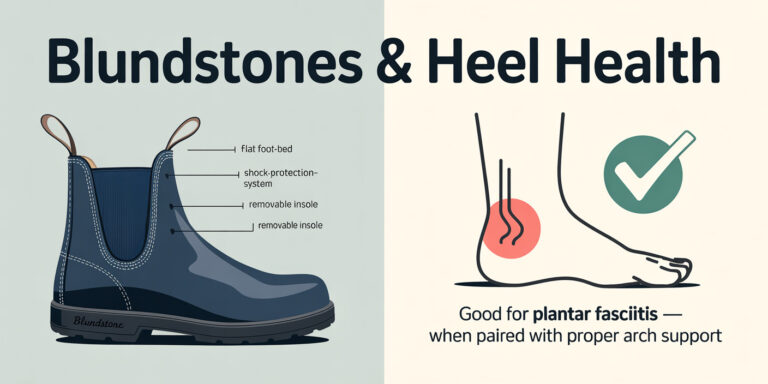 Infographic of a Blundstone Chelsea boot showing flat footbed, shock protection and removable insoles, with note: good for plantar fasciitis when paired with proper arch support.