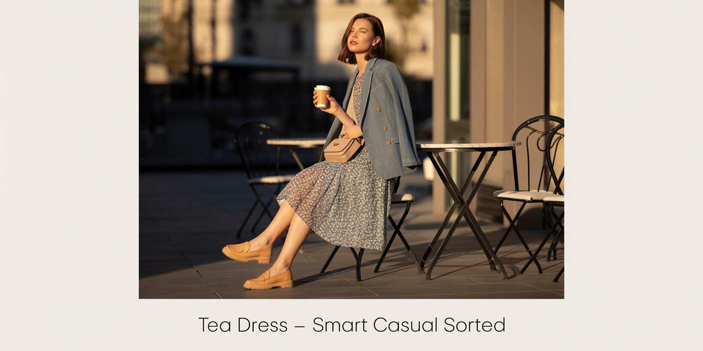 Floral tea dress styled smart-casual with a light blue blazer and tan loafers, woman sipping coffee at an outdoor café.