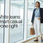 Woman wearing white jeans styled smart-casual with a light blue blouse and navy blazer, carrying a tote in a modern office—guide to wearing white jeans.