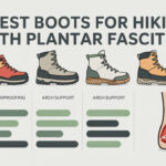 Infographic comparing seven hiking boots for plantar fasciitis with comfort, waterproofing, and arch-support ratings, plus a foot anatomy graphic.